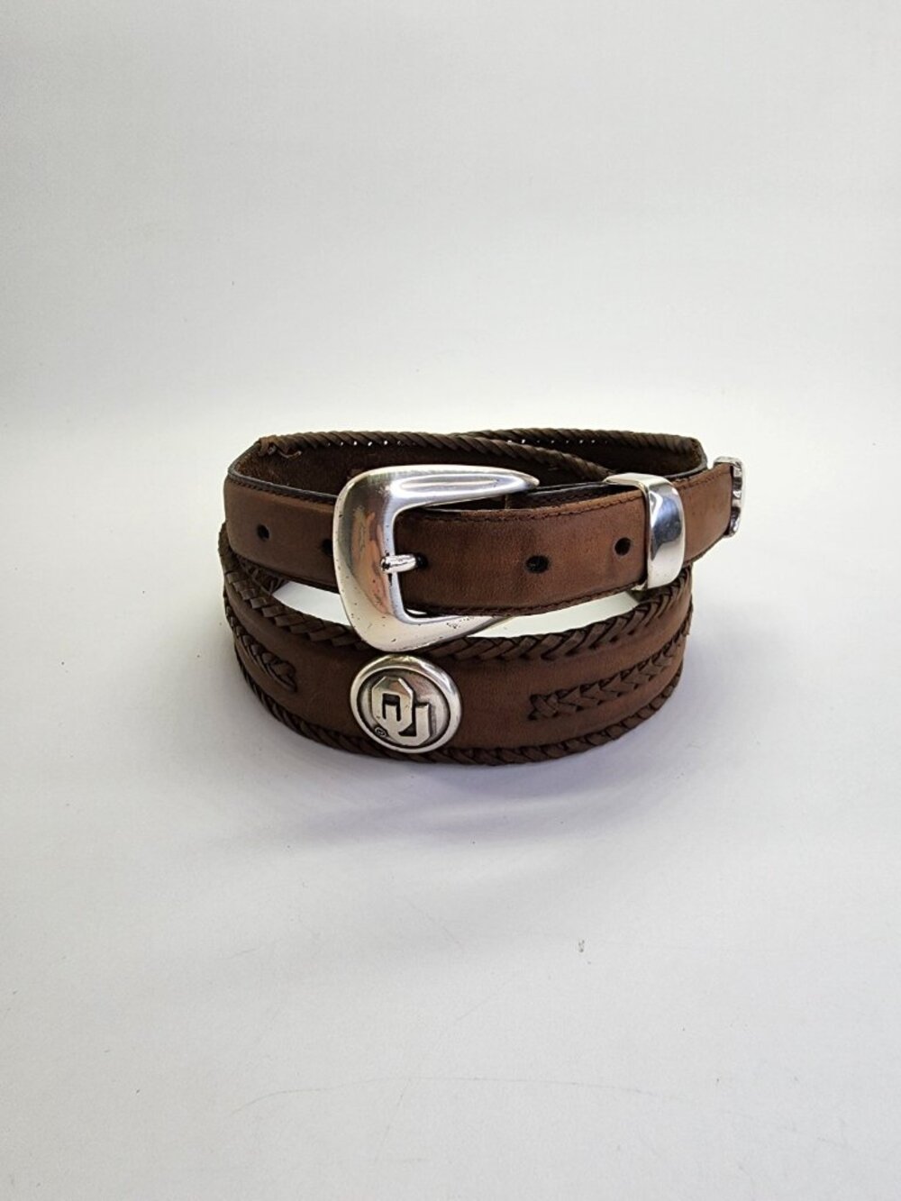 Men’s Brown Leather Braided Western Belt w/ Silver Buckle & Oklahoma U Size 36